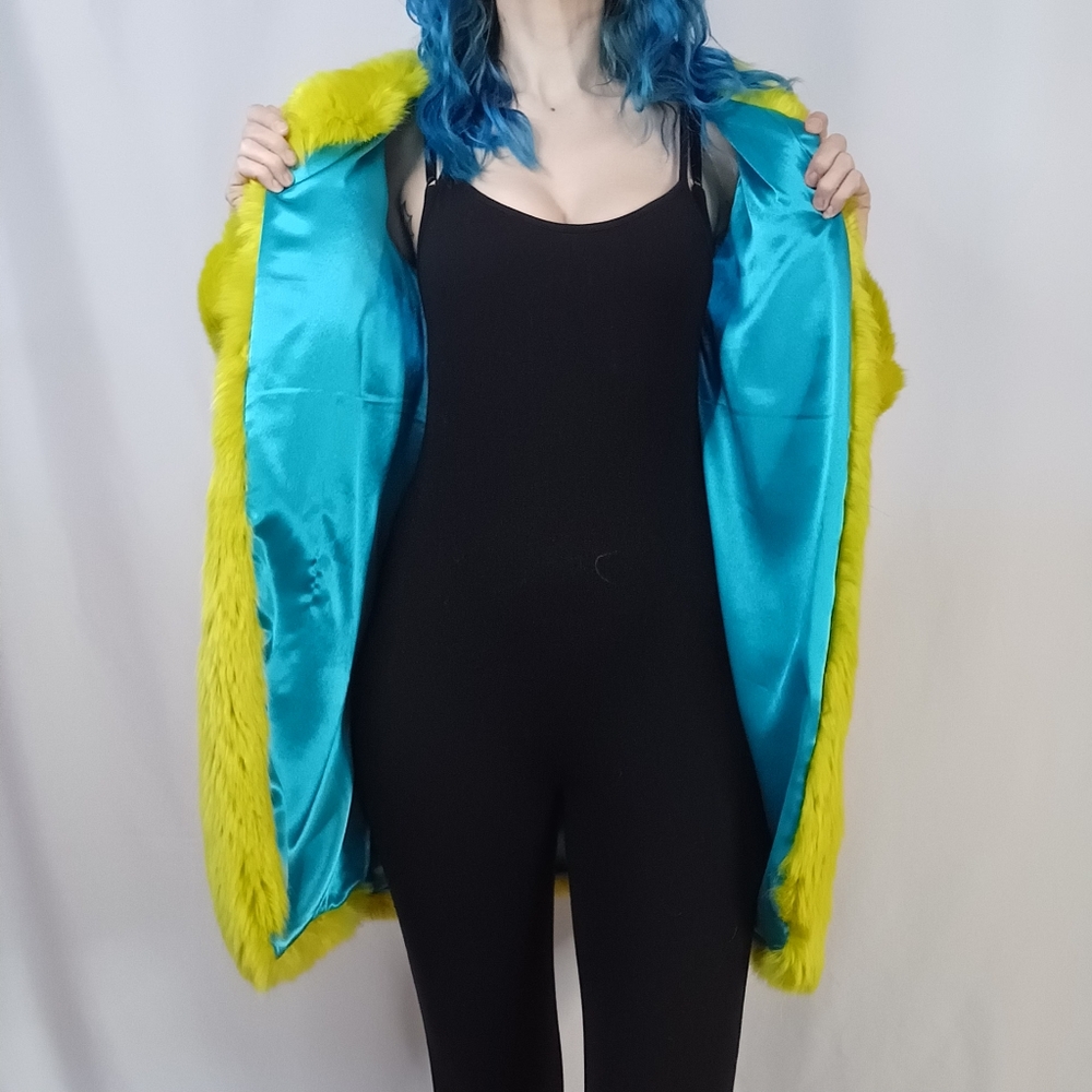Chartreuse Faux Fur Coat with Teal Satin Lining. - Picture 5 of 8